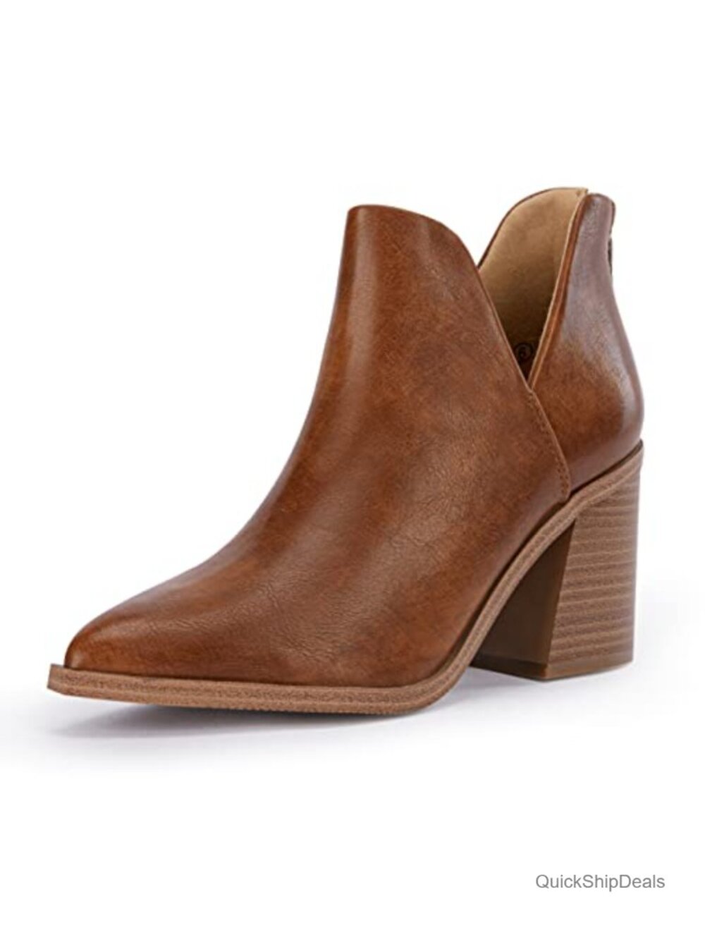 Pointed Toe Stacked Mid Heel Ankle Boots V Cut Back Zipper Faux Leather Booties